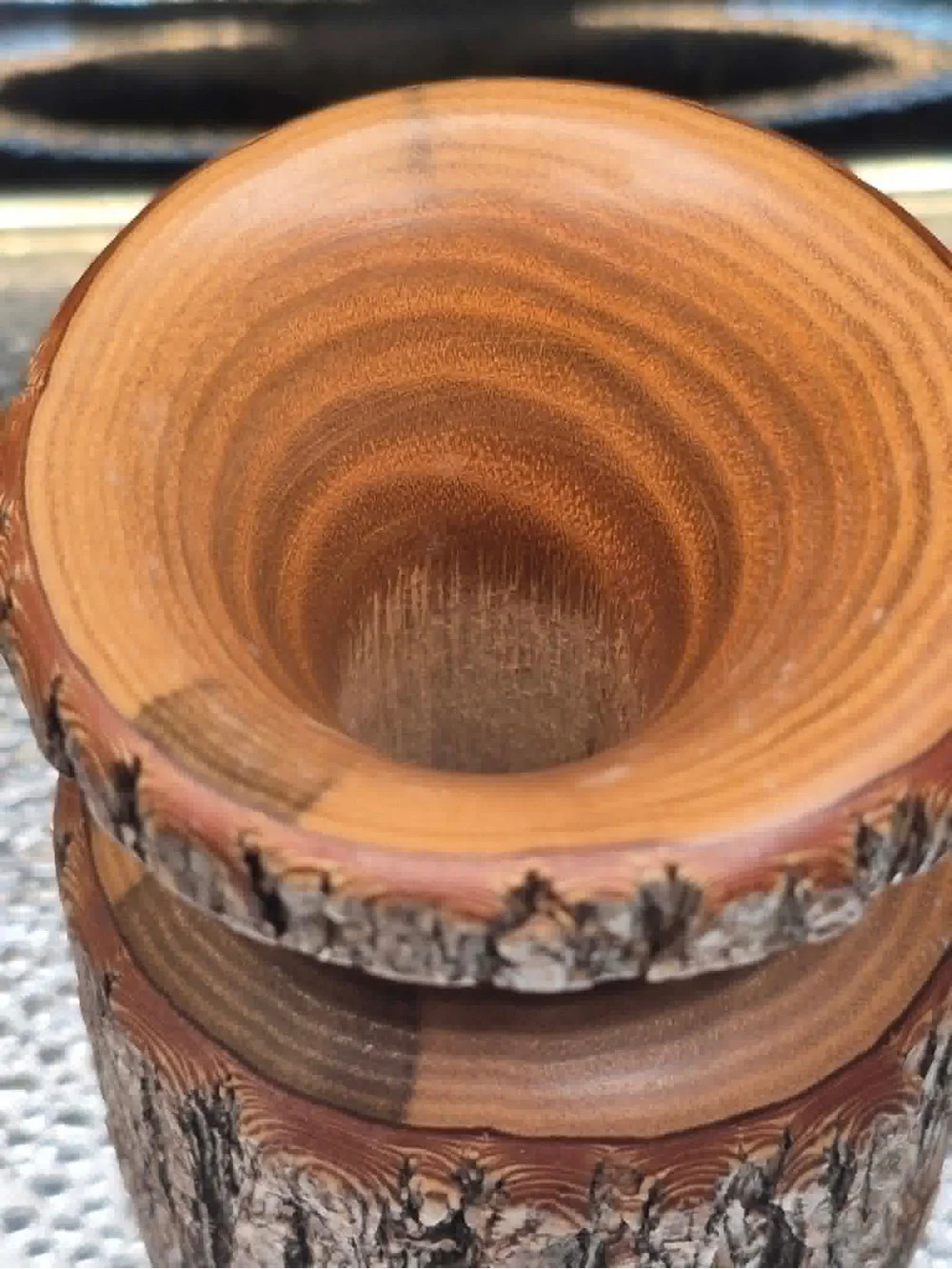 Vintage Mini Hand Turned Yew Wood Vase with Bark GEORGE LOONEY Rustic Decor